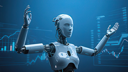 3d rendering humanoid robot working on blue background with virtual graph chart