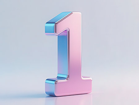 Metallic number 1 on white background. 3d rendered glossy metallic font character.の写真素材