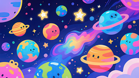 Seamless pattern with cartoon planets and stars. Vector illustration.の写真素材
