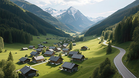 Panoramic view of the mountain village in the Swiss Alps.の写真素材