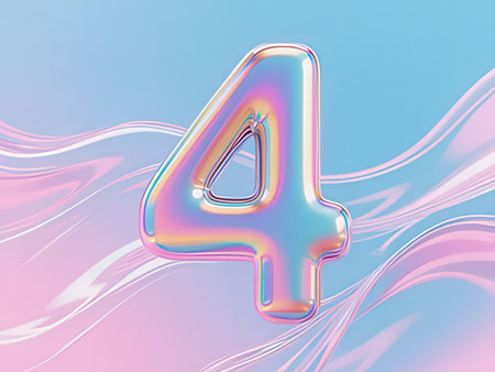 3d illustration of holographic number 4 on blue and pink background