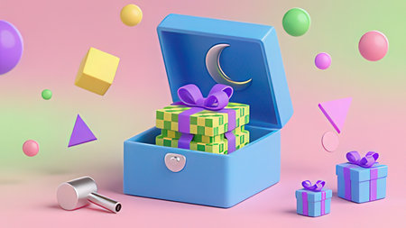 Box with gifts and a crescent moon. 3D rendering.