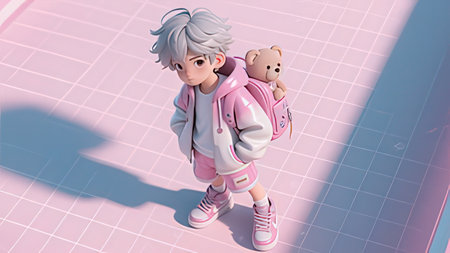 Little girl with a teddy bear on a pink background. 3d rendering