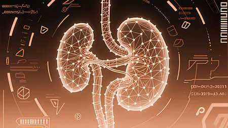 Digital illustration of kidney in color background with connection lines