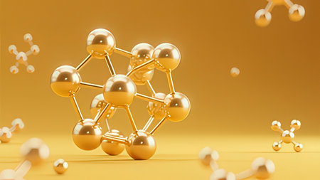 Molecule structure on yellow background. 3d render illustration.の写真素材