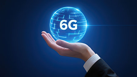 Smart hand holding 6g wireless internet communication technology concept on blue background.
