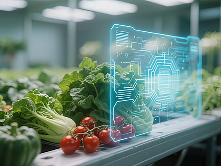 Vegetables in greenhouse with digital interface. Future technology and agriculture concept