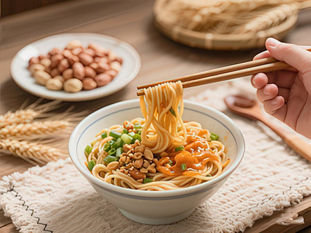 Woman holding bowl with tasty asian noodles on wooden table, closeup