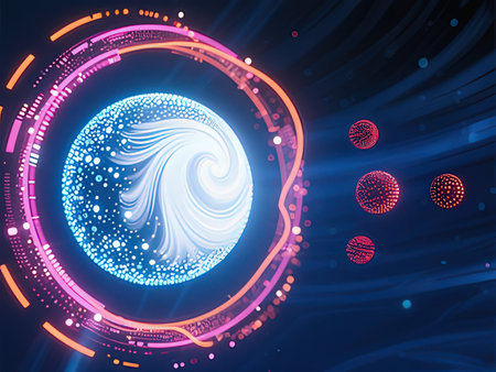 Abstract background with blue and pink neon circles and lines. Vector illustration.