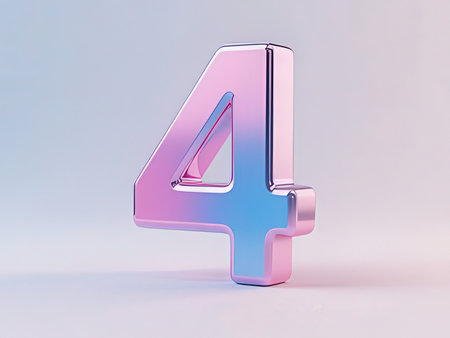Pink 3d number 4 uppercase. Glossy metal font with glossy reflections isolated on white background.の写真素材