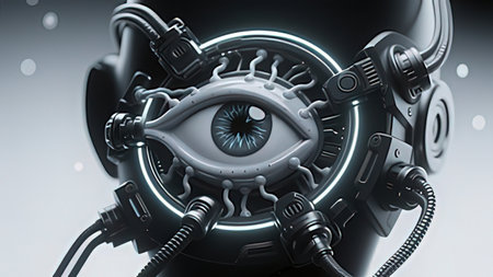 Cyborg eye with wires on dark background. 3d illustration.の写真素材