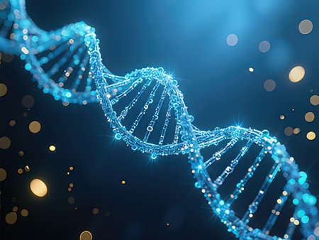 DNA molecule on blue background. 3d rendering toned image double exposureの写真素材
