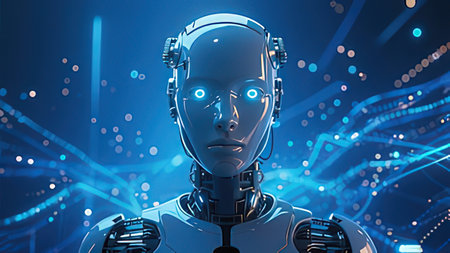 3d rendering humanoid robot cyborg head in empty space, artificial intelligence concept