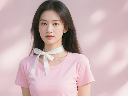 Portrait of a beautiful young asian woman with pink t-shirtの写真素材