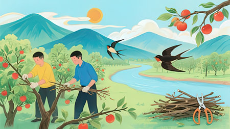 Vector illustration of father and son picking apples in the orchard.