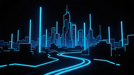 Blue neon city skyline on a dark background. 3D Renderingの写真素材