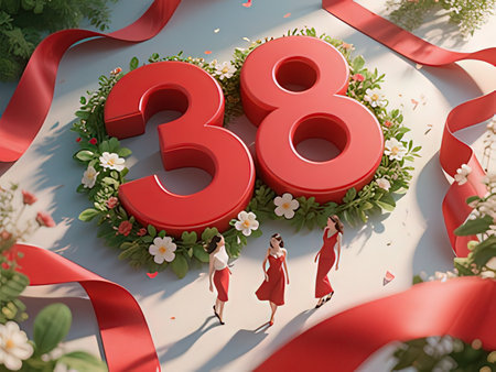 Flower Wreath of Flowers and Red Ribbon with the Number 38の写真素材