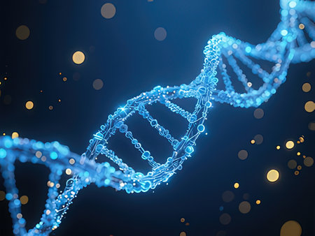 DNA molecule on dark blue background. 3d rendering toned image double exposure