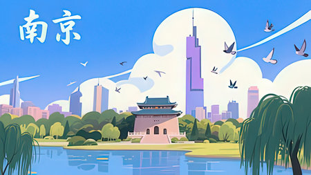 Hangzhou city landscape, China. Vector illustration of Hangzhou cityscape with skyscrapers.