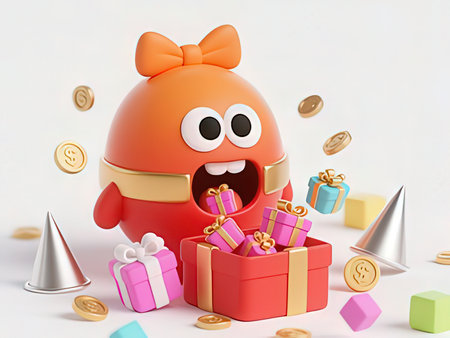 3d illustration of cute cartoon monster with gift box and party hatの写真素材