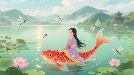 Japanese girl and koi fish in the pond. Vector illustration.の写真素材