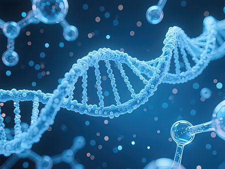 DNA molecule on blue background. 3d rendering toned image double exposureの写真素材