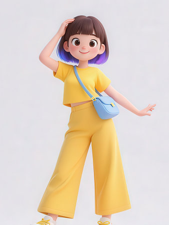 3d illustration of a cute little girl in yellow clothes with handbagの写真素材