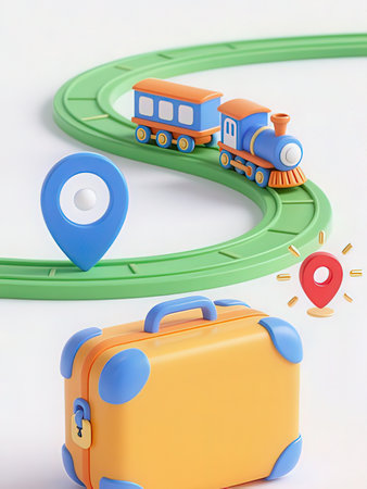 3d illustration of travel concept. Train with suitcase and map pinの写真素材