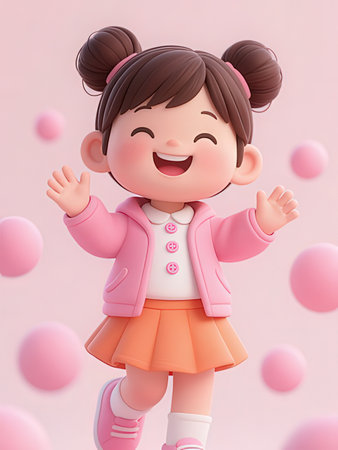 3d render of cute little girl with pink balloons background, 3d illustration