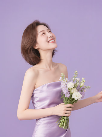 beauty woman with flower bouquet isolated on purple background, asianの写真素材