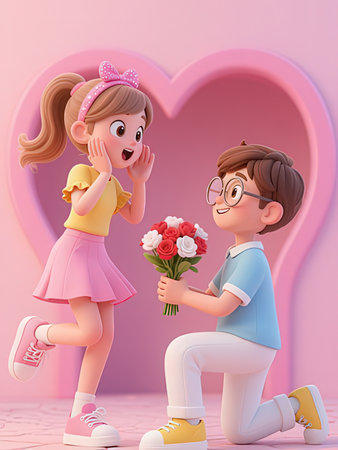 Boy giving a bouquet of flowers to girl in pink heart shape