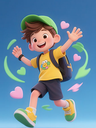 3D illustration of a boy jumping with a backpack and hearts around himの写真素材