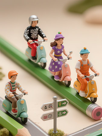 the Miniature people riding a scooter on the road, vintage toneの写真素材