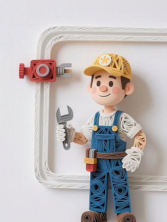 3d illustration of a plumber with a wrench on a white backgroundの写真素材