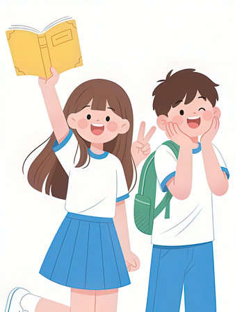 Schoolboy and schoolgirl with a book and a backpack, vector illustrationの写真素材