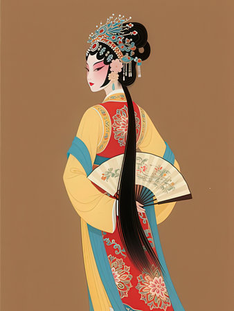 -description: Illustration of an oriental woman with a fan on a brown backgroundの写真素材
