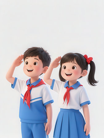 Asian boy and girl in school uniform with a white background. 3d rendering.の写真素材