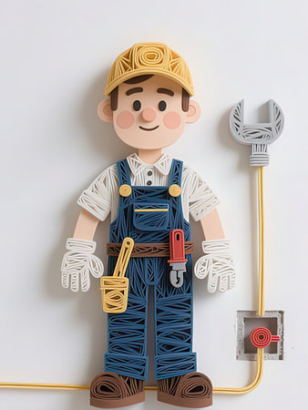 3d illustration of electrician or plumber in helmet and overallsの写真素材
