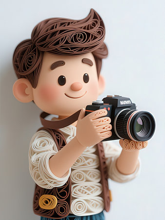 3d illustration of little boy holding a camera and taking a photoの写真素材