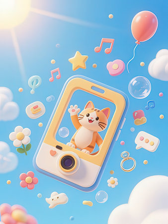 Cute cat taking selfie on the phone. 3d rendering.の写真素材