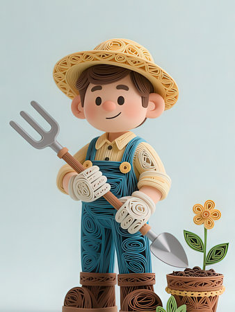 Little farmer holding a pitchfork and flowerpot. 3d renderingの写真素材