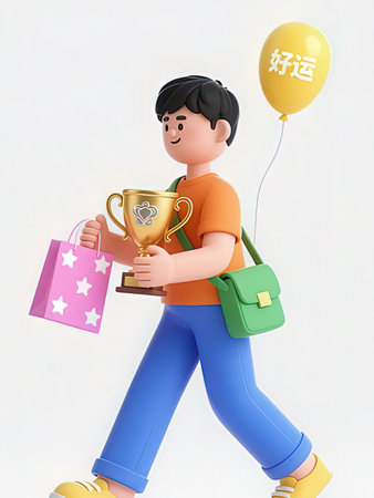 3d illustration of a boy carrying a trophy and a shopping bagの写真素材