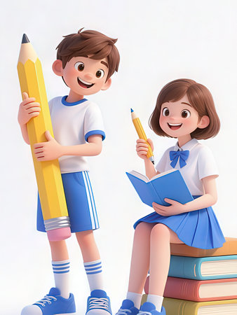 cute cartoon boy and girl with pencil and books on white backgroundの写真素材