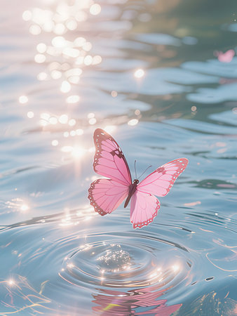 Butterfly on water surface with bokeh effect, nature backgroundの写真素材