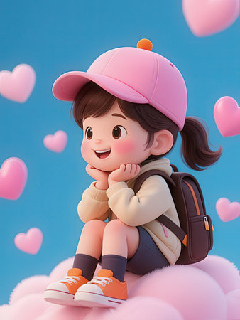 3d illustration of a girl sitting on a pink cloud with hearts around herの写真素材