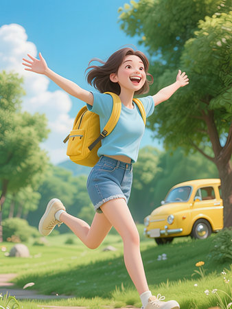 happy asian teen girl jumping in the park with a yellow car on backgroundの写真素材