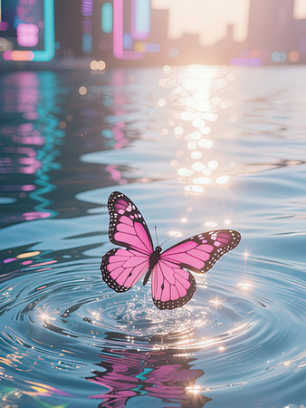 Butterfly on the water with reflection of city in the backgroundの写真素材