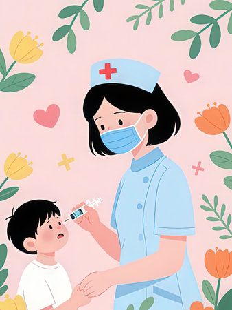 Nurse and child with a positive coronavirus vaccine. Vector illustration.の写真素材