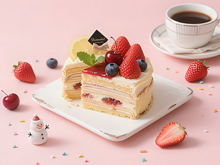 Piece of cake decorated with berries and cup of coffee on pink background