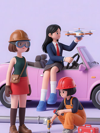 3d illustration of a group of people with a toy car.